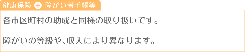 各市区町村の助成と同様の取り扱いです。障がいの等級や、収入により異なります。