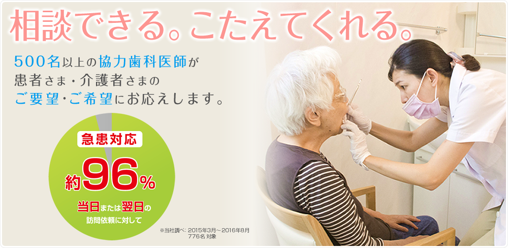 相談できる。こたえてくれる。患者様さま・介護者さまの“困った”にお応えします。歯医者さんがご自宅まで伺います。